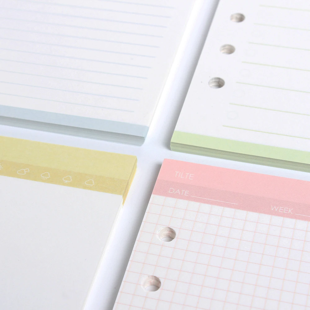 New creative cute 6 holes assorted replacement inner paper core for spiral binder notebook:grid,to do ,line,blank A5A6