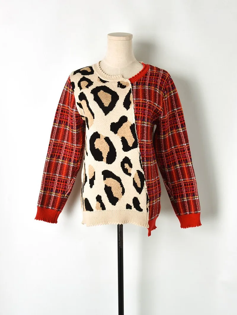 Осень-зима, новые цветные вязаные свитера с леопардовым принтом в красно-черную клетку с длинными рукавами и круглым воротником