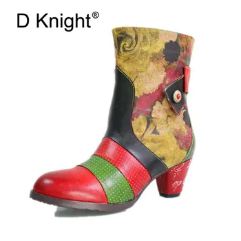 

Retro Printed Cowgirl Ankle Boots Women Hot Winter Patchwork Cow Genuine Leather Women Western Boots Shoes Woman Zipper Booties
