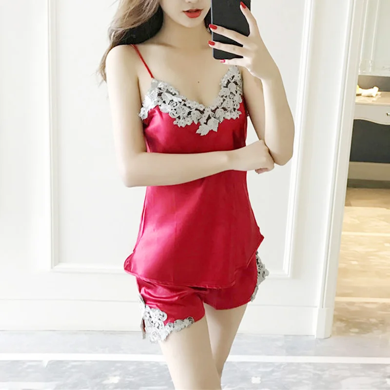 New Ladies Tops+Shorts Set Summer Sleeveless Lingerie Fashion Sexy V Neck Lace Stitching Women Sleepwear Set