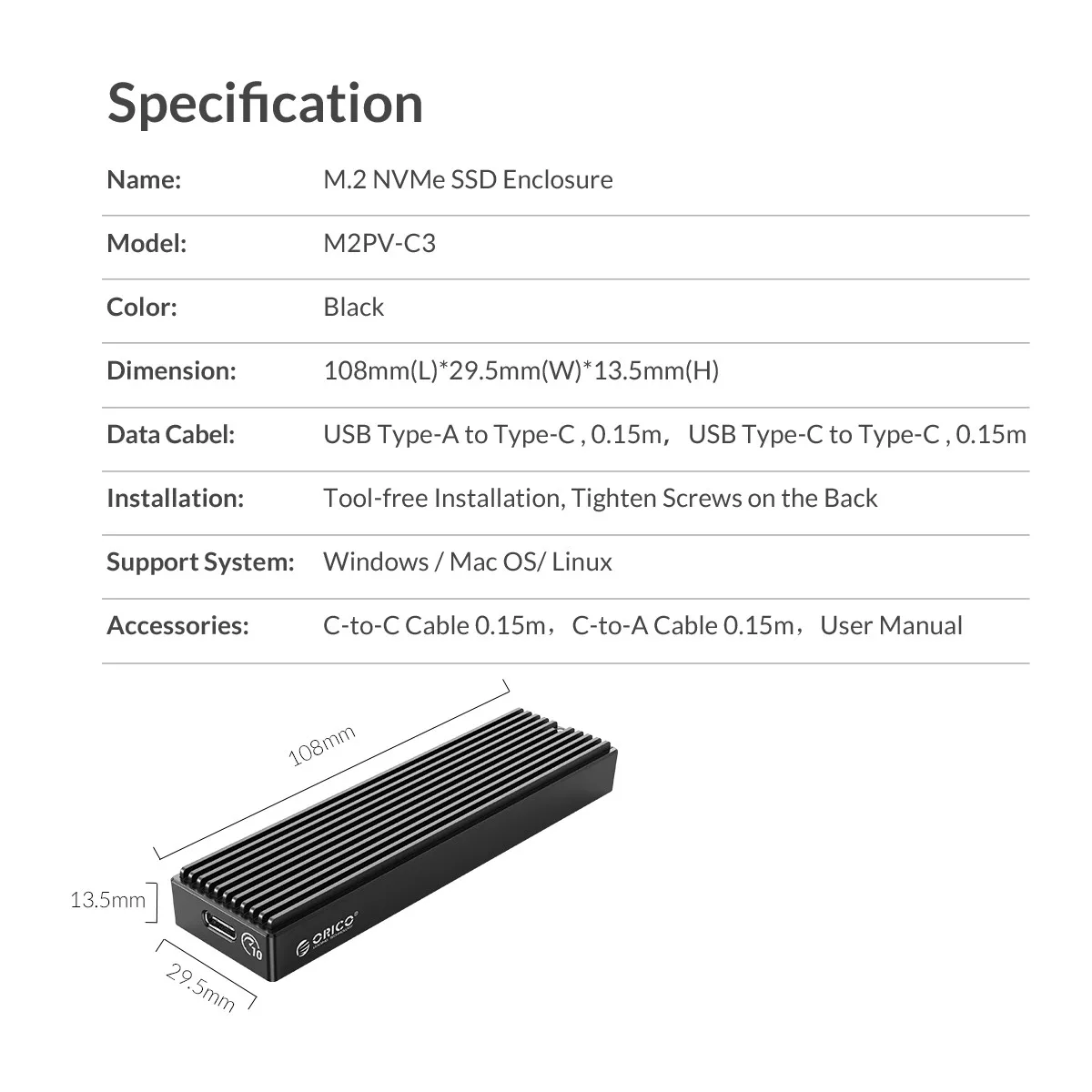 Box SSD M2 Orico M2PV-C3 - Cáp kết nối USB C-C