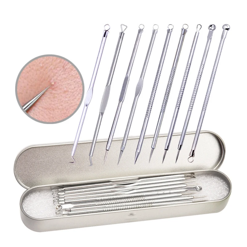 

9pcs/set Blackhead Pimple Remover Acne Extractor Removing Tools Skin Care Face Cleansing Blackhead Ance Needle Kit with Box