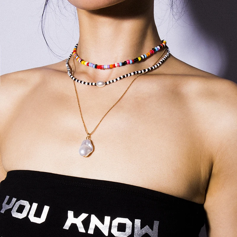 

Boho Colorful Beads Pendant Necklace Choker Women Personality Multi-layer Collier Pearl Metal Chain Necklaces Femme Jewelry Gift