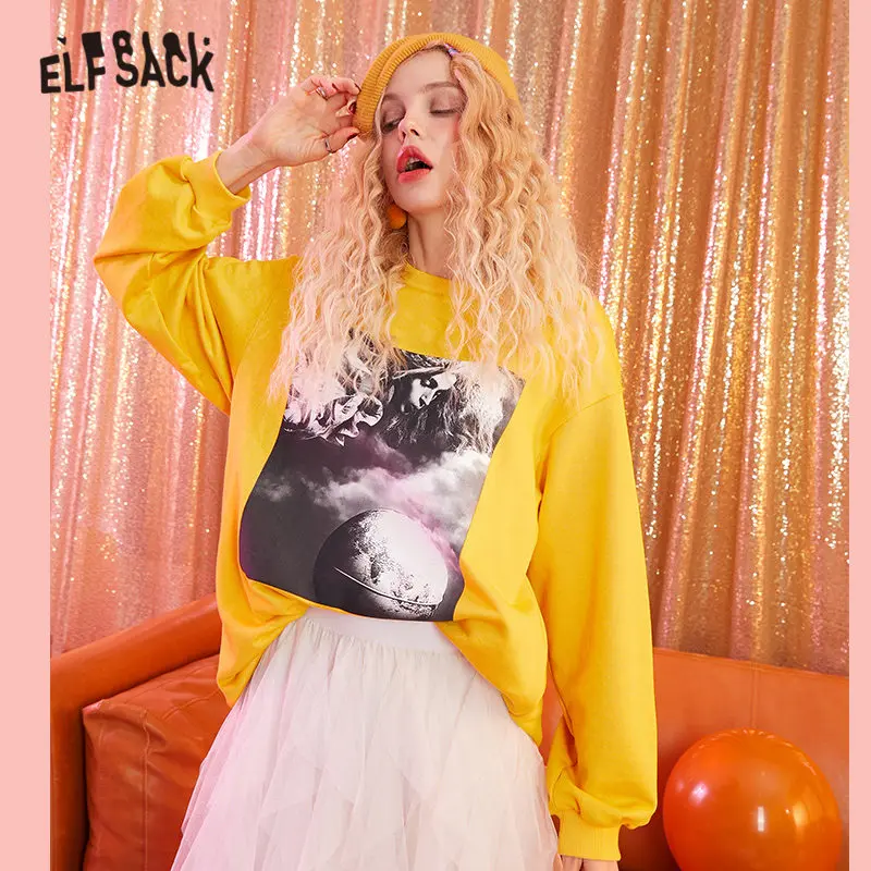 ELFSACK желтые одноцветные с цветочным рисунком женские свитшоты осень 2019 буквенным