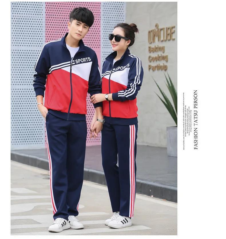 Spring Men Women Sportswear Tracksuit Stripe Printed Zip Up Jacket Sweatshirt+pant Lovers Running Jogging casual Set Sport Suit