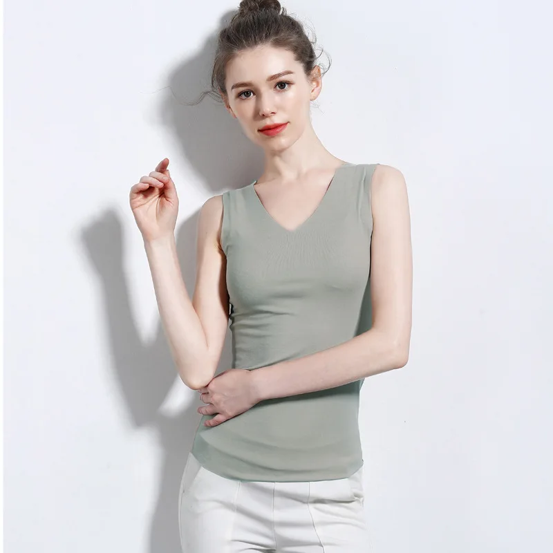 V-neck retro green Новинка, летний женский жилет, Корейская версия, бесследный, самосовершенствование, сплошной цвет, базовый жилет - Цвет: V-neck retro green
