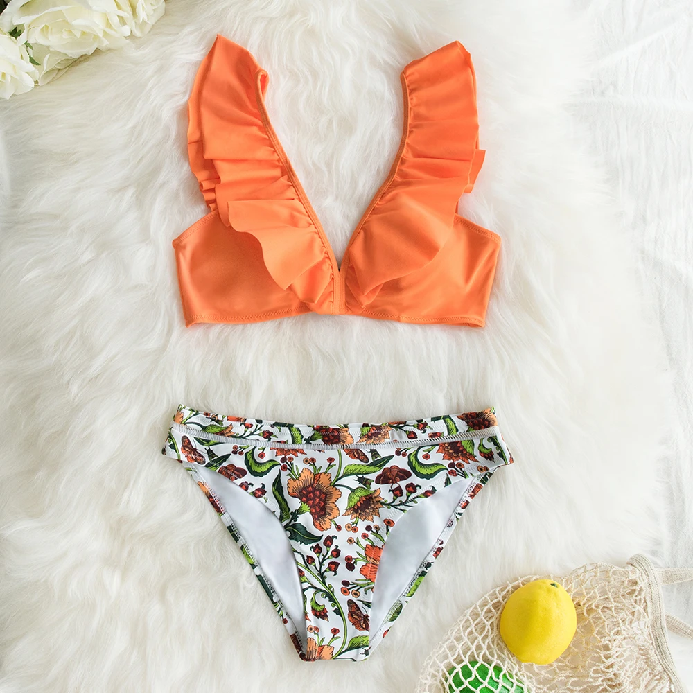 SEASELFIE 2020 Sexy Low-waist Bikinis Set Swimwear Women Swimsuits Bathing Suit Biquini Orange Floral Ruffled Bikini Beachwear