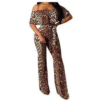 

Leopard Women Jumpsuit Fashion Sexy Off Shoulder Short Sleeve Wrapped Chest Jumpsuit Autumn Winter Overalls Rompers Combinaison