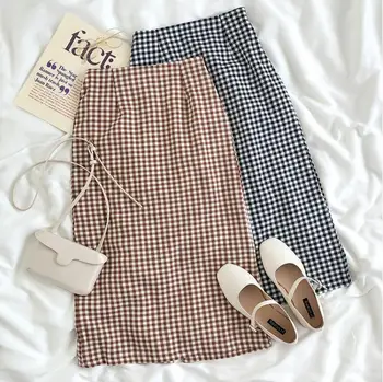 

College style retro plaid elastic high waist straight length skirt women