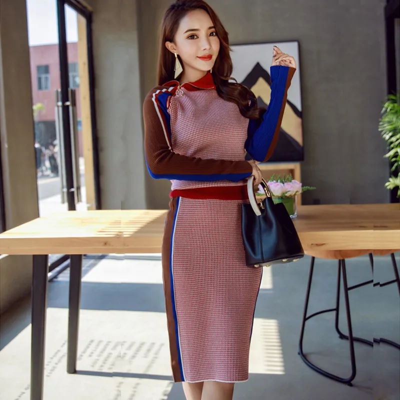 

New Runway Women Sweatshirts Knitted 2 Piece Set Autumn Turtleneck Zipper Pullover Tops + Knit Pencil Skirt Two Piece Set Suit