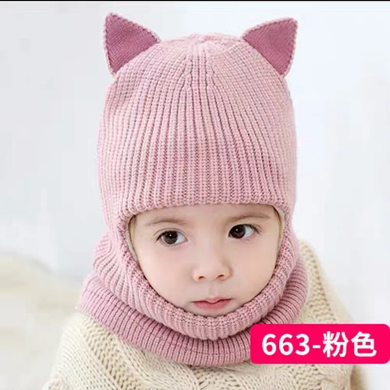 Pink 1 Детские зимние шапки с ушками для девочек и мальчиков, Детские теплые шапки, шарф, комплект, Детская шляпа, вязаная Милая шапка для мальчиков и девочек - Цвет: Pink 1