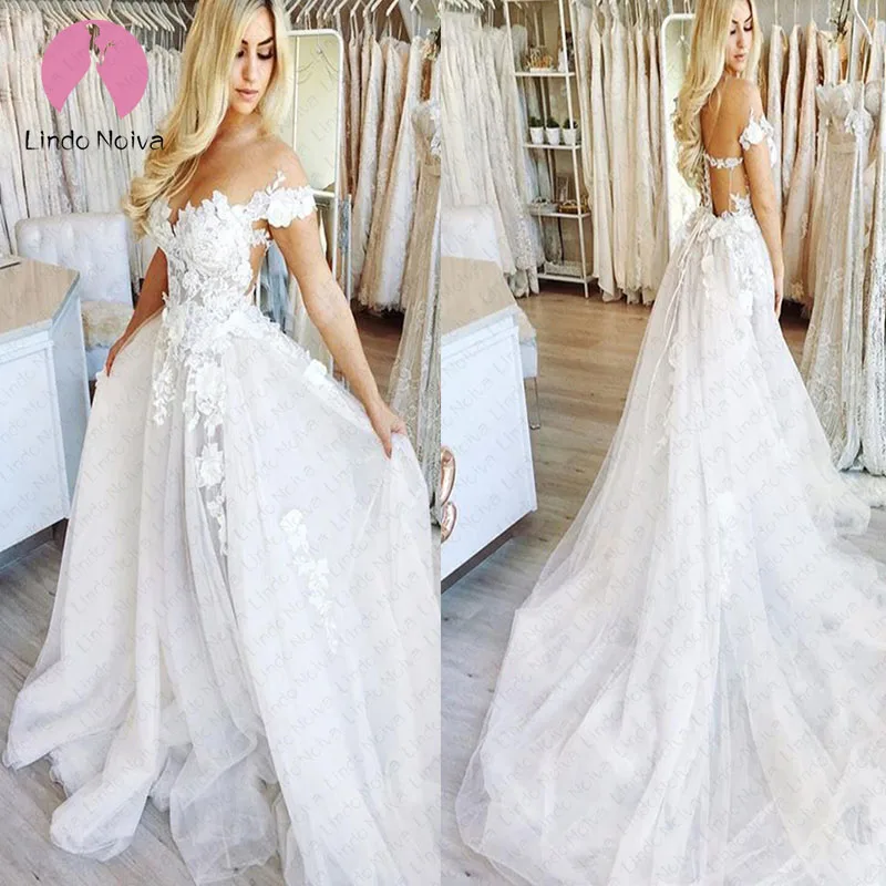 Дешевые Vestido De Noiva 2019 Boho белые милые с плеча кружева линии свадебное платье на