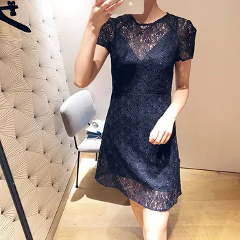 

Women Dress Short Sleeve Embroidered Lace Cutout Two Piece Dress