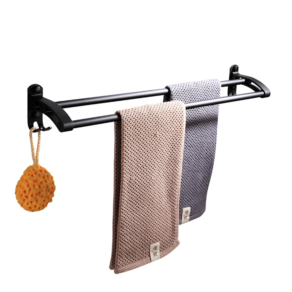 

Black Towel Bar Double Towel Rail Wall Mount Space Aluminum Bathroom Rack toalleros crochet serviette de bain porte serviette