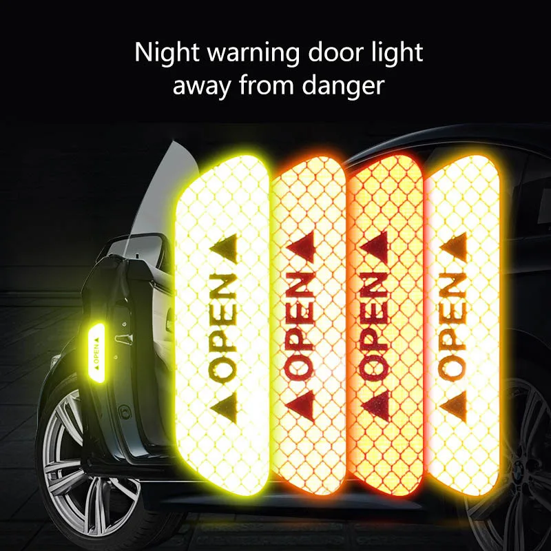 

4 pcs/set Waterproof Car Door Reflective Stickers Strip Warning Mark Tape Auto Exterior OPEN Sign Night Safety Equipment