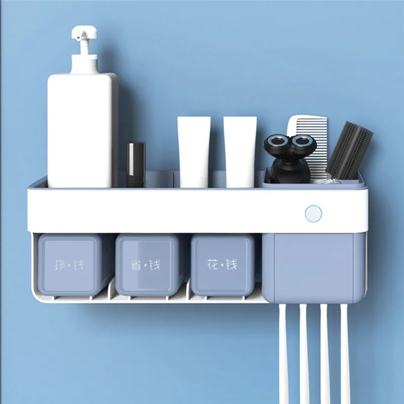 

Wall Mount Dust-proof Toothbrush Holder with Cups Automatic Toothpaste Squeezer Dispenser UV Sterilizer Bathroom Accessories XNC