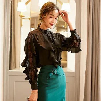 

2020 WOMEN spring new women's Korean style temperament western style lotus leaf long sleeve embroidered yarn wild shirt women