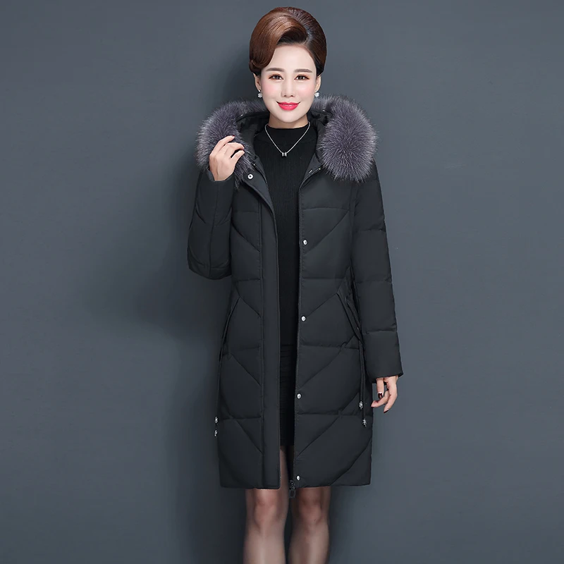 Зимняя мода женщин среднего возраста толстый теплый с капюшоном вниз хлопок пальто куртка длинный раздел большой меховой воротник хлопок куртка(XL-5XL - Цвет: Черный