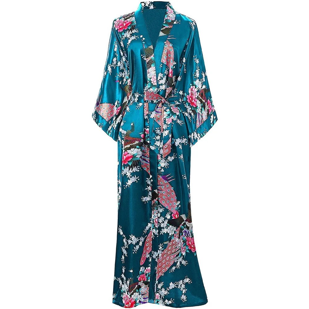 Women Long Robe Big Size Kimono Bathrobe Gown Summer Spring Nightgown Sleepwear Novelty Print Nightwear Silky Satin Home Clothes women sleepwear