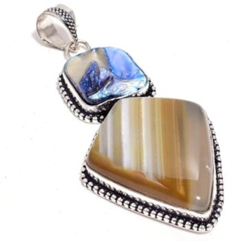 

Genuine Botswana Agate + Biwa Pearl Pendant Silver Overlay over Copper Hand made nature gemstone Jewelry women gift, P8987