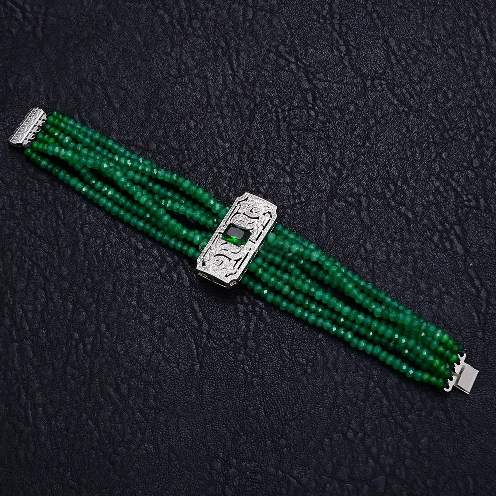 

8'' 7 Rows Green Rondelle Jade Gems Stone CZ Pave Connector Bracelet