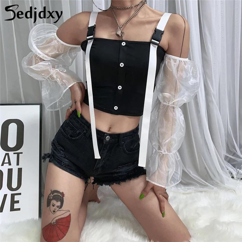 

Sexy Off Shoulder Navel Bare Crop Top Mesh Front Button Tank Tops Fashion Casual Lady Streetwear Top 2019 New