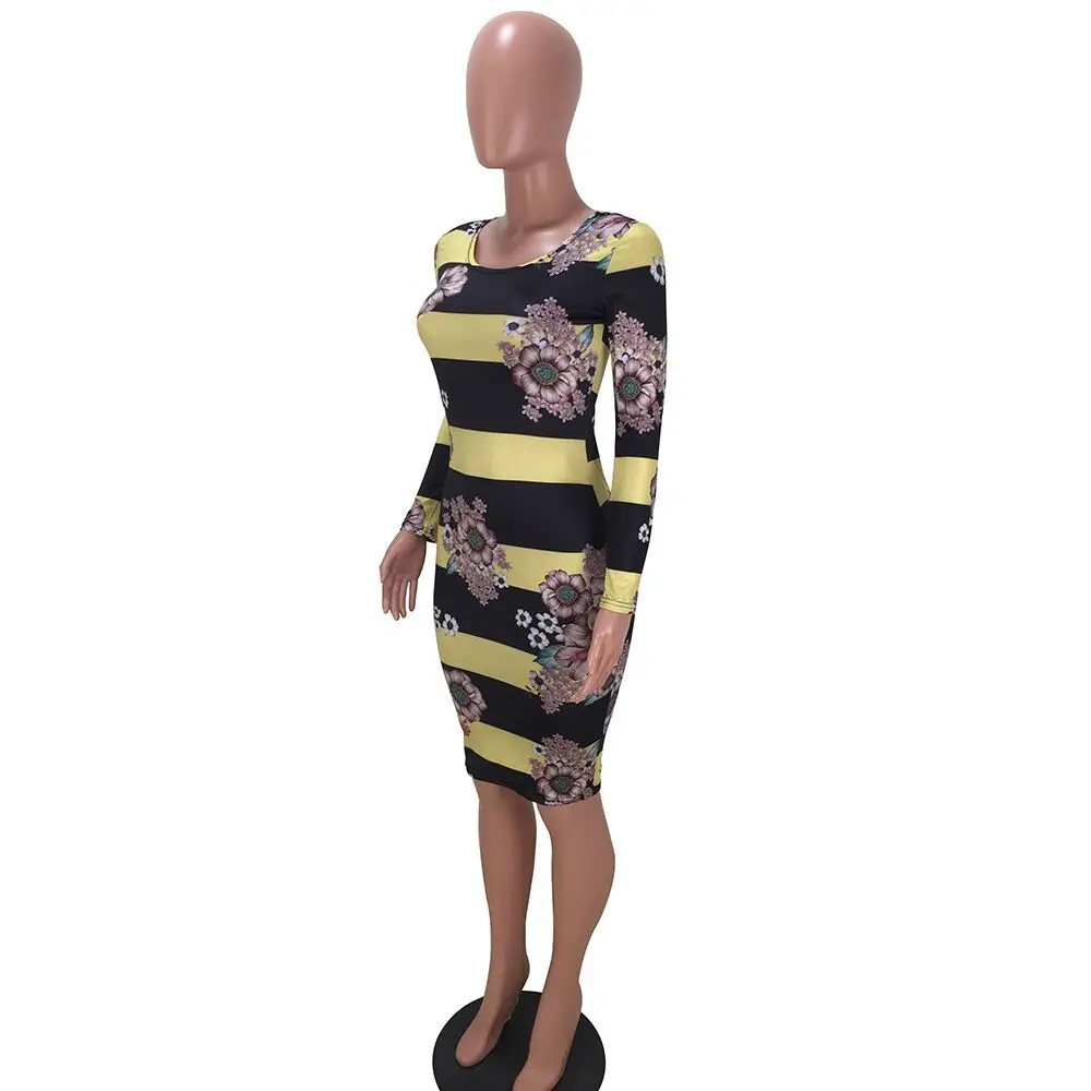 trend hot style sexy womenswear print stripe tight bag hip dress