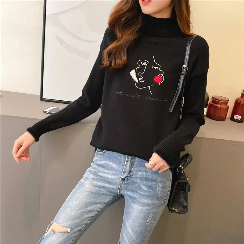 

Elastic Long Sleeve Sweaters Female Gray Pullover Turtleneck Women Pullovers Jumper Streetwear