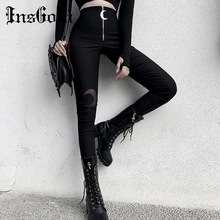 InsGoth, черные узкие брюки с высокой талией, готический стиль, луна, молния, выдалбливают, облегающие Женские длинные брюки, Повседневная Уличная одежда, винтажные штаны