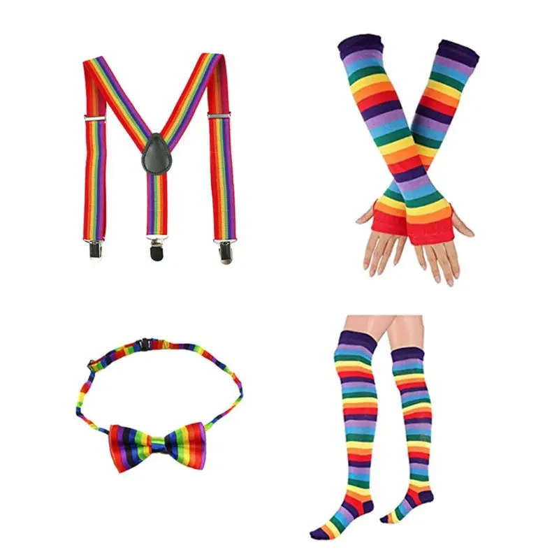 4 в 1 для взрослых детей костюм радуги комплект полосатые носки Длинные перчатки подтяжки и бабочка Горячая Новинка - Цвет: Adult