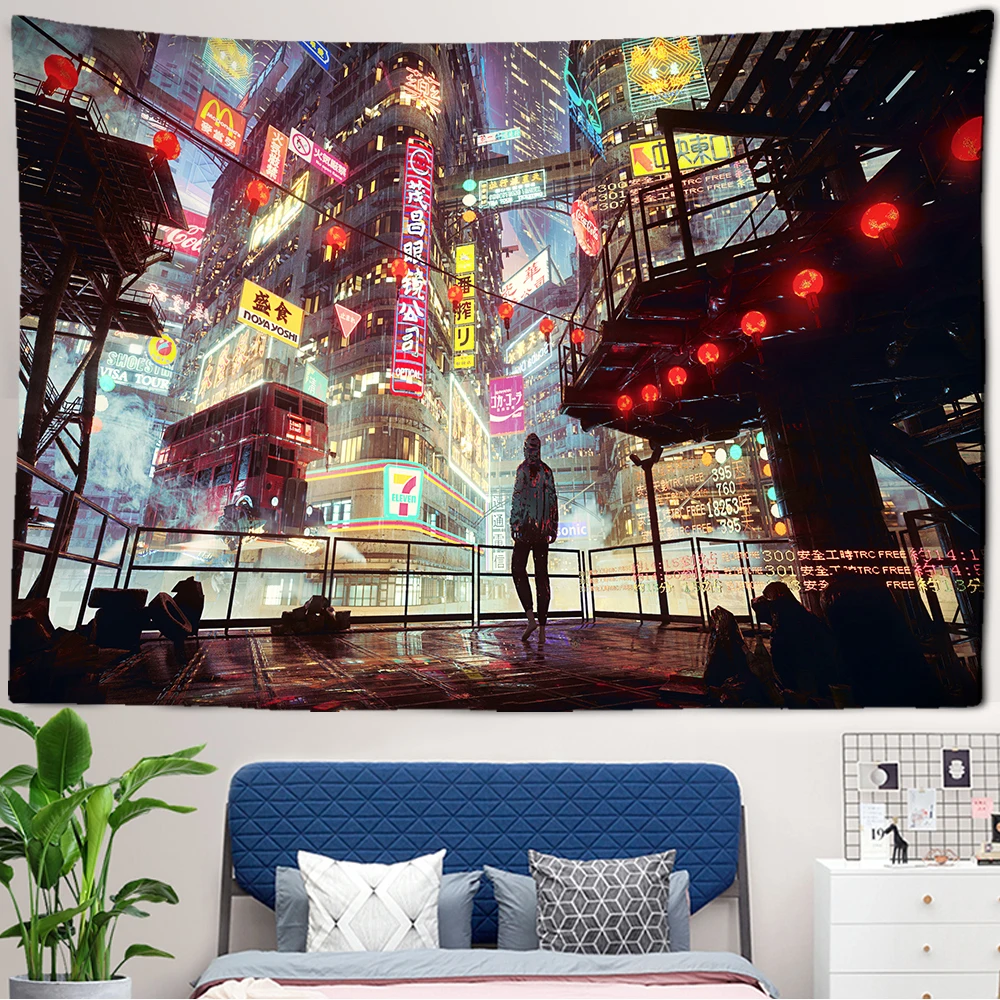 Japan City Night Scene Tapestry Cyberpunks Future Steam Wall Hanging Psychedelic Galaxy Hippie Art Home Decoration | Дом и сад