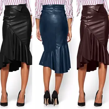 

Plus Size Women's Ruffle Sundress 2020 ZANZEA Fashion PU Leather Skirts Spring Casual Asymmetrical Skirts Female High Waist Robe