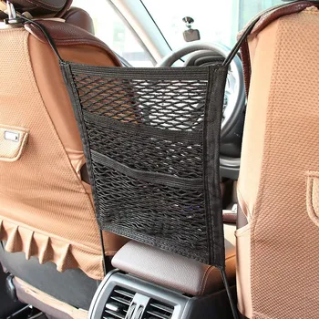 

3-Layer Car Mesh Organizer, Stretchable Seat Back Net Bag, Barrier of Backseat Pet Kids, Cargo Tissue Purse Holder, Driver Stora