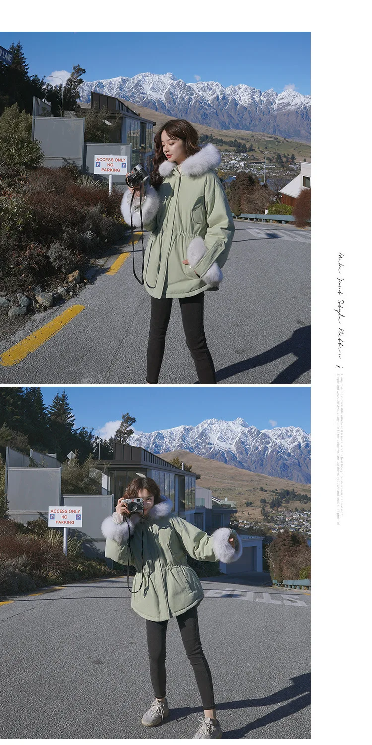 Новинка, зимнее хлопковое пальто для фотосессии, Женская рабочая одежда в Корейском стиле с меховым воротником, короткая, с завязками на талии, с хлопковой подкладкой
