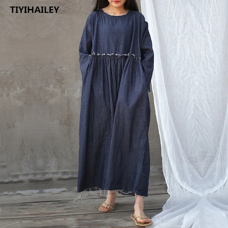 

Женское джинсовое платье-трапеция TIYIHAILEY, свободное винтажное платье до середины икры, с длинным рукавом, в китайском стиле