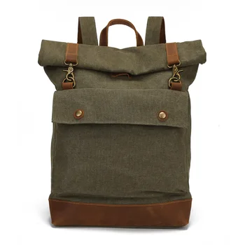 

New canvas backpack men's large capacity retro crazy horse leather roll cover men's backpack outdoor travel backpack