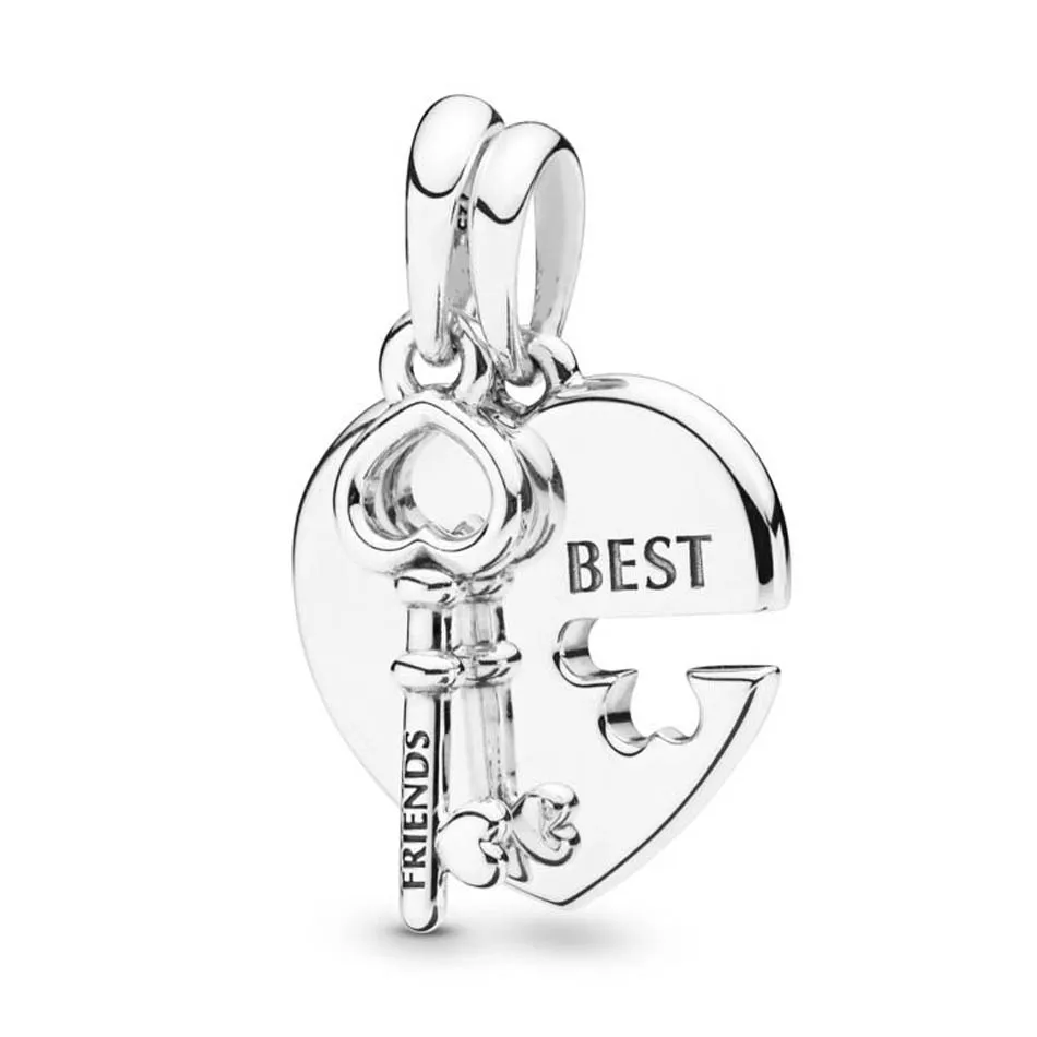 

Best Friends Heart and Key Dangle Charm fit Lady Bracelet Bangle Authentic 925 Sterling Silver DIY Jewelry