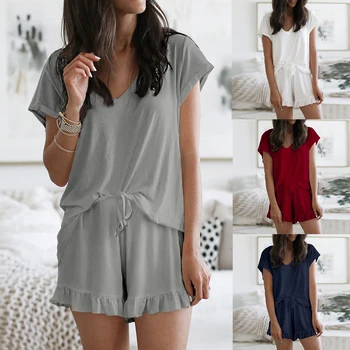 

Women Pyjamas Ruffle Loose Sleepwear Pyjamas Lounge Wear Nightgown Female Pajama Set Bottom Home Sommeil Short Sleep Tops Pyjama