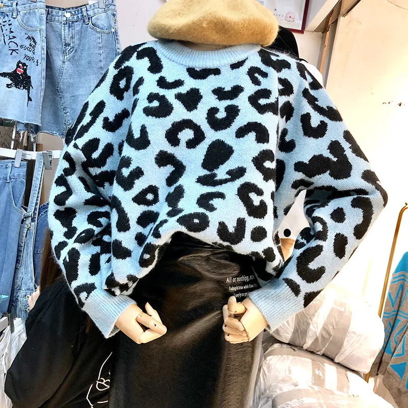 

2019 Autumn Sweater New Loose Round Collar Design Feel Collision Color Leopard Print Sweater Pullovers O-Neck Sweater Women