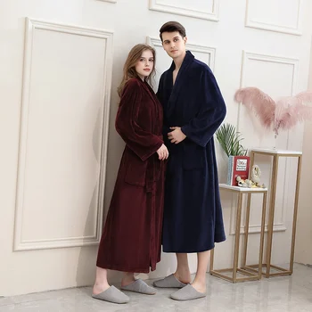 

Autumn And Winter Women Pocket Long Robe Flannel Lace-up Couple Soft Nightgown Robes