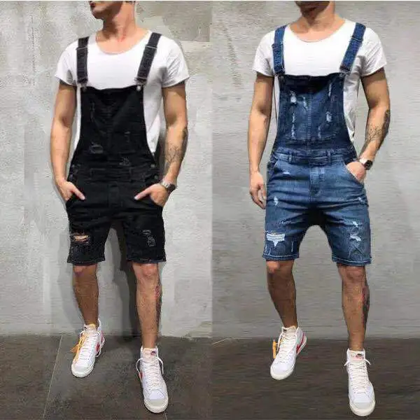 

Europe And America New Style Cowboy Suspender Pants with Holes Slim Fit Men's Shorts Ozhouzhan Hot Selling MEN'S Overalls