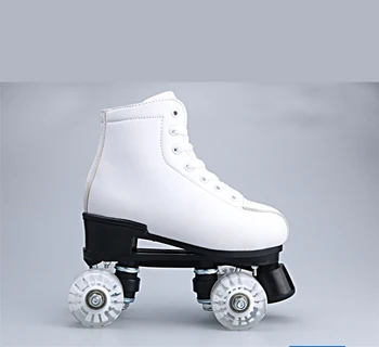 

Children Kids Double Line Quad Parallel Figure Skates Shoes Boots PU 4 Wheels Shockproof With Brake Breathable White