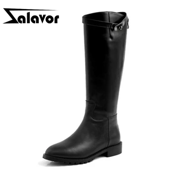 

ZALAVOR Ladies Genuine Leather Knee High Boots Flats Buckle Zipper Retro Long Boots Winter Warm Shoes Women Footwear Size 34-39