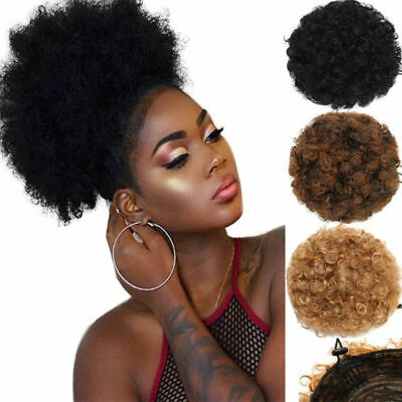 

High Puff Afro Curly Wig Ponytail Drawstring Short Afro Kinky Pony Tail Clip in on Synthetic Curly Hair Bun Made of Kanekalon