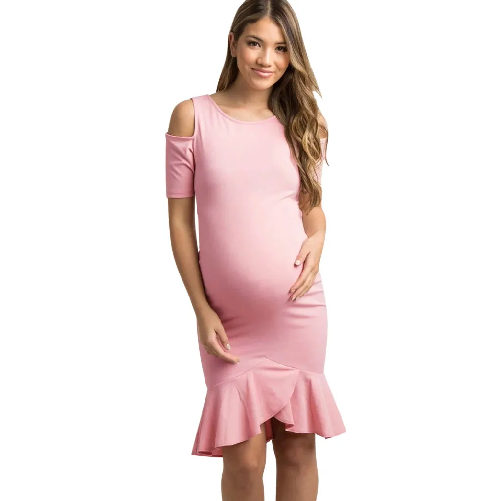 

European And American-Style Sexy off-Shoulder Solid Color Maternity Clothes Slim Fit Short Sleeved Hem Flounced Pregnant WOMEN'S