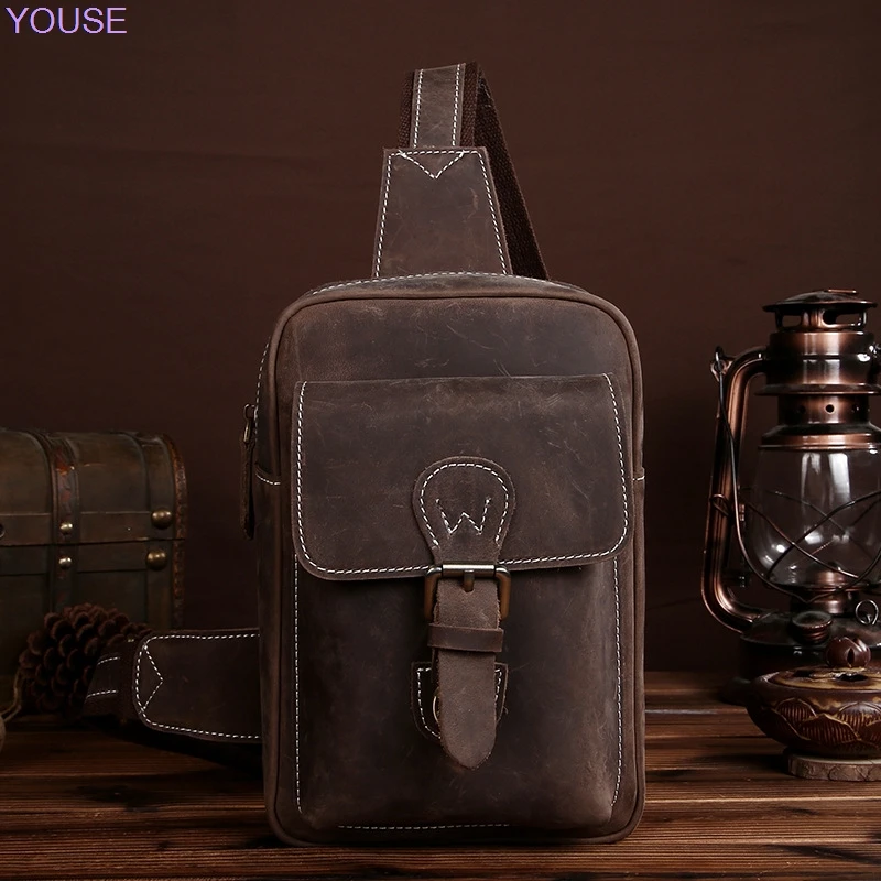 

First Layer Horse Leather Chest Pack Men's Retro Handmade Leather Bag Genuine Leather Chest Pack Casual Shoulder Bag