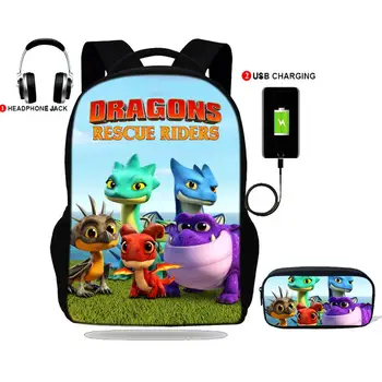 

USB Charging Backpacksdragon dragon rescue riders Print School Bags Schoolbag For Boys Girls Teens BackPack rucksack 2pcs Set
