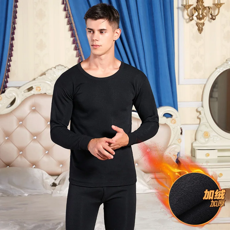 Men Winter Thermal Underwear Round Collar Thickened with Velvet Long Johns Suit Warm Plus Size Undershirt merino wool long underwear Long Johns