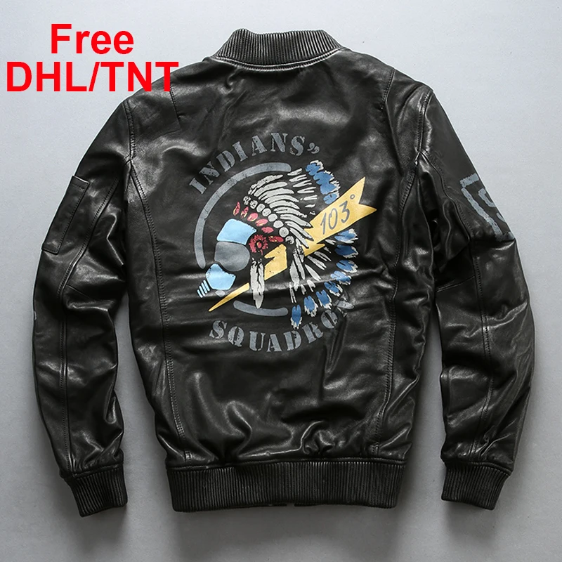 

Men's Genuine Leather Jacket 3D Pattern A1 Pilot Vintage Sheepskin Coat Air Force Jackets Male Free DHL/TNT