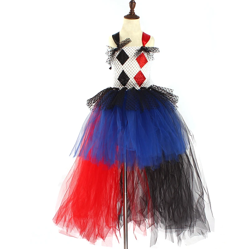 Jester Harley Quinn Girls Tutu Dress for Villain Halloween Cosplay Costume Kids Suicide Squad Harlequin Clothes Party Dresses